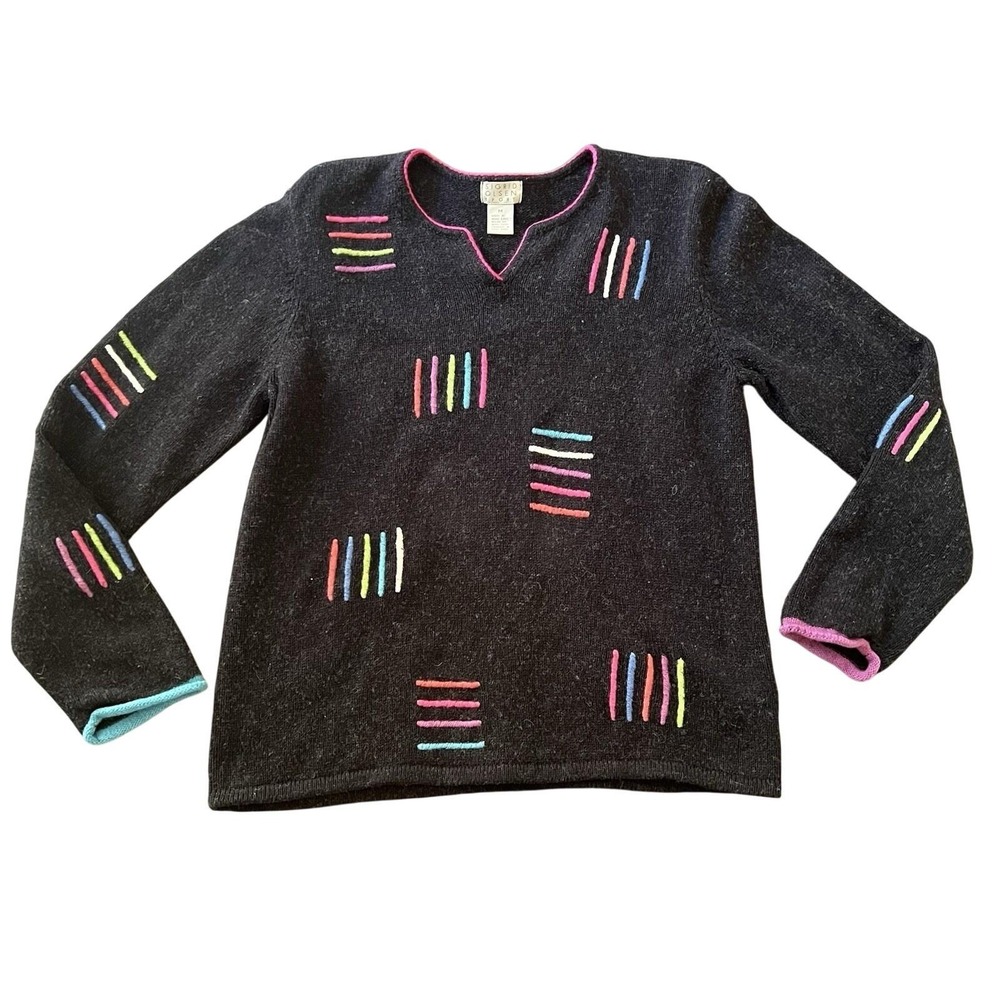 Sigrid Olsen Sport Vintage Cotton Silk Lambswool Sweater Black Embroidered M